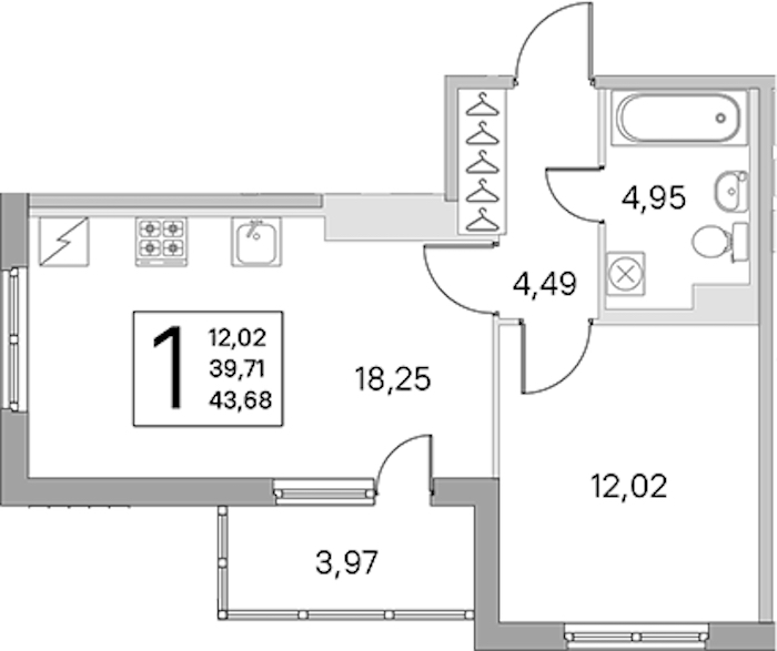 1-комнатная квартира 39.71 м², 1/5 эт., ЖК «ЮгТаун. Олимпийские кварталы»
